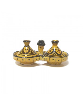 Tajine double décoratif marocain en poterie de couleur jaune émaillé décoré de motifs noirs peints 