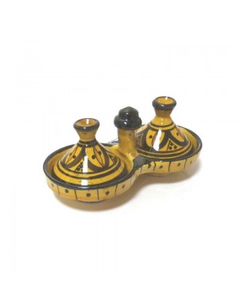 Tajine double décoratif marocain en poterie de couleur jaune émaillé décoré de motifs noirs peints 