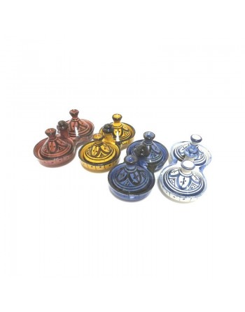 Tajine double décoratif marocain en poterie de couleur jaune émaillé décoré de motifs noirs peints 