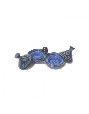 Tajine double décoratif marocain en poterie de couleur bleue émaillé décoré de motifs noirs peints 