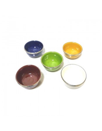 Bol moyen en poterie marocain de couleur jaune émaillé et cerclé de métal argenté 