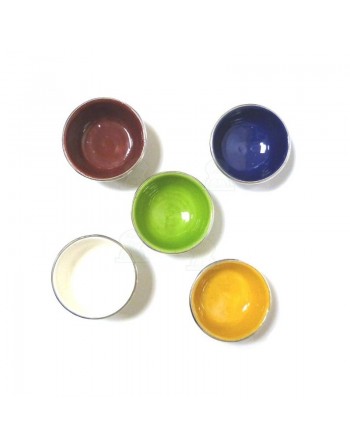 Bol moyen en poterie marocain de couleur jaune émaillé et cerclé de métal argenté 