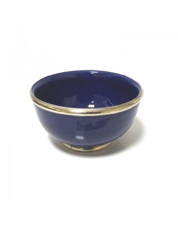 Grand bol en poterie marocain de couleur bleue émaillé et cerclé de métal argenté 