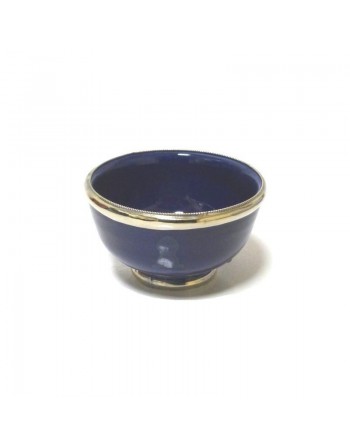 Petit bol en poterie marocain de couleur bleue émaillé et cerclé de métal argenté 