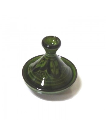 Mini tajine marocain décoratif en poterie de couleur verte émaillé avec motifs noirs peints 