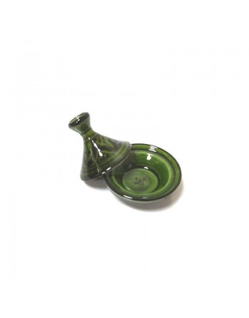 Mini tajine marocain décoratif en poterie de couleur verte émaillé avec motifs noirs peints 