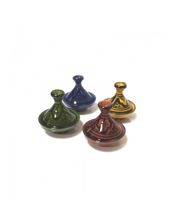 Mini tajine marocain décoratif en poterie de couleur verte émaillé avec motifs noirs peints 
