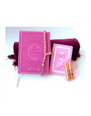 Pack Cadeau de Luxe pour Femmes : Le Saint Coran couverture similicuir + Deux Parfum Musc d'Or 8 ml avec étui rose + Chapele... 
