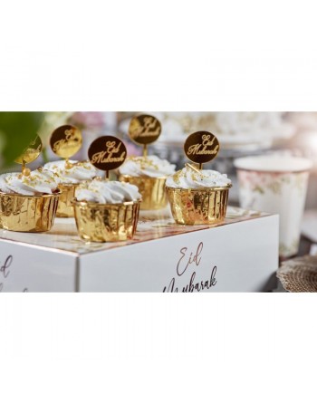 Piques à gâteau rond Aïd Moubarak - Couleur dorée effet miroir (8 pièces) - Eid Mubarak Cake Topper 