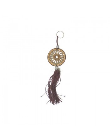 Pendentif porte-clés en bois de forme ronde sculpté d'arabesques et pompon en sabra de couleur marron 
