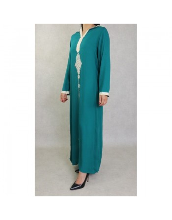 Djellaba avec capuche pour femme avec broderies - Couleur vert sapin 