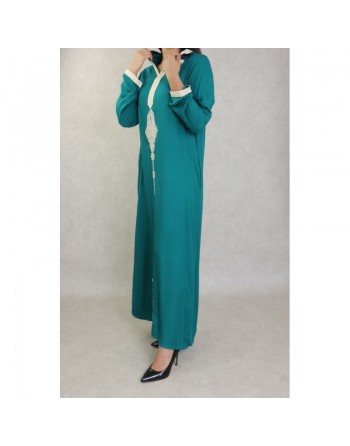 Djellaba avec capuche pour femme avec broderies - Couleur vert sapin 