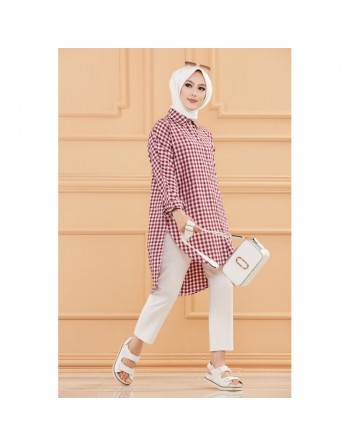 Chemise ample à carreaux (Vêtement Hijab pour femme - Nouveauté 2024) - Couleur bordeaux 