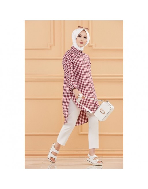 Chemise ample à carreaux (Vêtement Hijab pour femme - Nouveauté 2024) - Couleur bordeaux Chemise ample à carreaux (Vêtement Hijab pour femme - Nouveauté 2024) - Couleur bordeaux