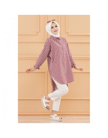 Chemise ample à carreaux (Vêtement Hijab pour femme - Nouveauté 2024) - Couleur bordeaux 