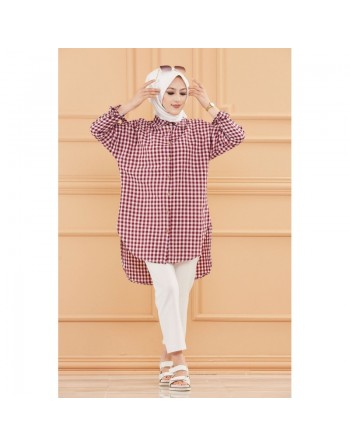 Chemise ample à carreaux (Vêtement Hijab pour femme - Nouveauté 2024) - Couleur bordeaux 