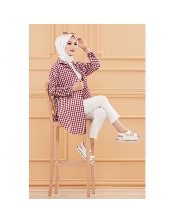 Chemise ample à carreaux (Vêtement Hijab pour femme - Nouveauté 2024) - Couleur bordeaux 