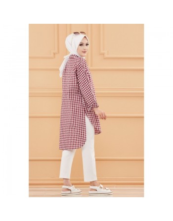 Chemise ample à carreaux (Vêtement Hijab pour femme - Nouveauté 2024) - Couleur bordeaux 