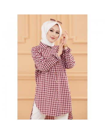 Chemise ample à carreaux (Vêtement Hijab pour femme - Nouveauté 2024) - Couleur bordeaux 