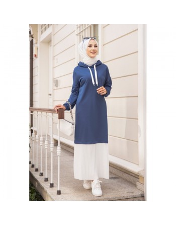 Robe longue à capuche jupe plissée intégrée (Vetement mastour pour femme musulmane) - Couleur bleu pétrole et blanc 