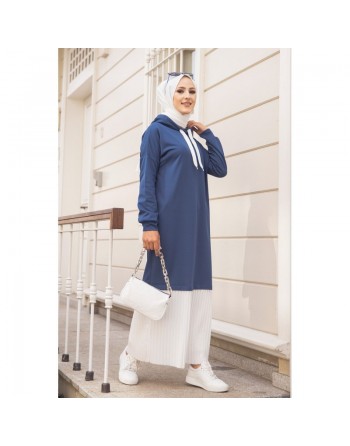 Robe longue à capuche jupe plissée intégrée (Vetement mastour pour femme musulmane) - Couleur bleu pétrole et blanc 
