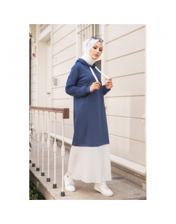 Robe longue à capuche jupe plissée intégrée (Vetement mastour pour femme musulmane) - Couleur bleu pétrole et blanc 