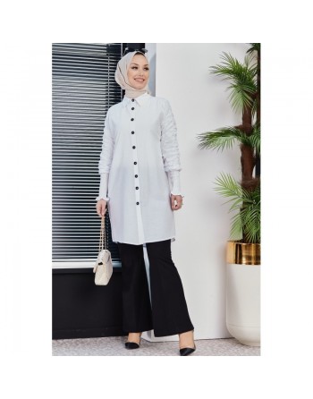Chemise manches plissées à l'élastique (Boutique musulmane de Vêtement Hijab) - Couleur blanc 
