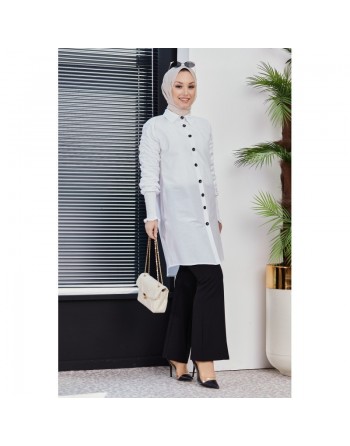 Chemise manches plissées à l'élastique (Boutique musulmane de Vêtement Hijab) - Couleur blanc 