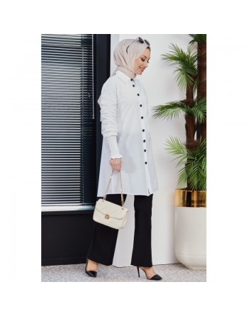 Chemise manches plissées à l'élastique (Boutique musulmane de Vêtement Hijab) - Couleur blanc 