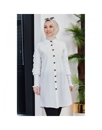 Chemise manches plissées à l'élastique (Boutique musulmane de Vêtement Hijab) - Couleur blanc 