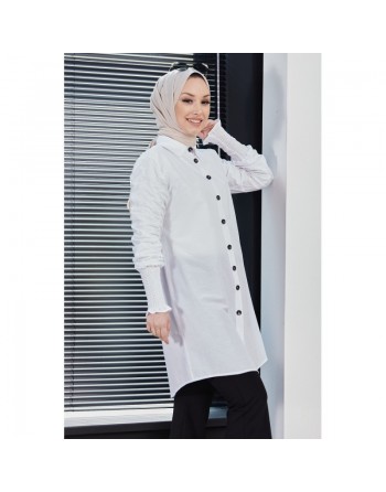 Chemise manches plissées à l'élastique (Boutique musulmane de Vêtement Hijab) - Couleur blanc 