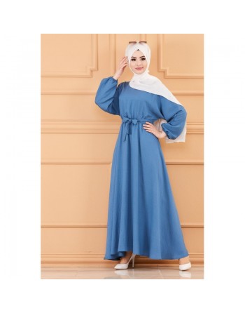 Robe longue ample et évasée en coton (Vetement mastour pour hijab) - Couleur bleu indigo 