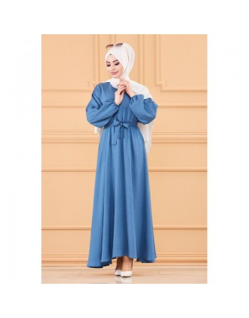 Robe longue ample et évasée en coton (Vetement mastour pour hijab) - Couleur bleu indigo 