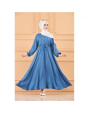 Robe longue ample et évasée en coton (Vetement mastour pour hijab) - Couleur bleu indigo 