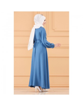 Robe longue ample et évasée en coton (Vetement mastour pour hijab) - Couleur bleu indigo 