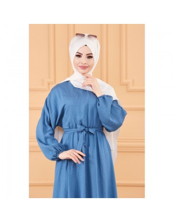 Robe longue ample et évasée en coton (Vetement mastour pour hijab) - Couleur bleu indigo 