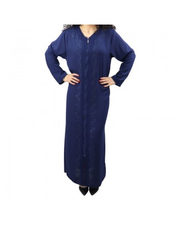 Robe longue à ouverture zip avec broderies et strass - Couleur Bleu marine 