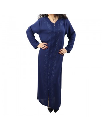 Robe longue à ouverture zip avec broderies et strass - Couleur Bleu marine 