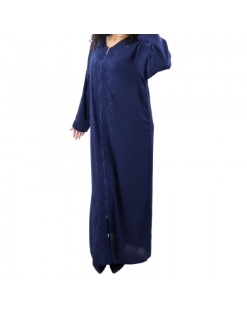 Robe longue à ouverture zip avec broderies et strass - Couleur Bleu marine 