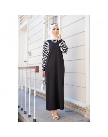 Robe longue noire motifs zebre (Robes et Abaya pas cher pour femme voilée) 