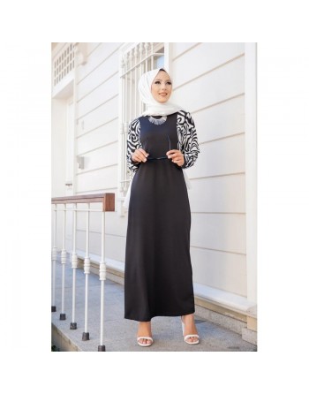 Robe longue noire motifs zebre (Robes et Abaya pas cher pour femme voilée) 