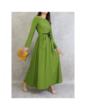 Robe élégante longue et évasée avec lien à nouer à la taille - Couleur Vert 
