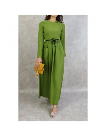 Robe élégante longue et évasée avec lien à nouer à la taille - Couleur Vert 