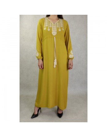 Robe longue élégante avec broderies et pompons pour femme - Couleur moutarde 