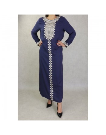 Robe longue pour femme avec broderies sur le devant et les manches - Couleur bleu marine 