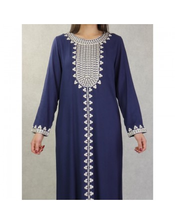 Robe longue pour femme avec broderies sur le devant et les manches - Couleur bleu marine 