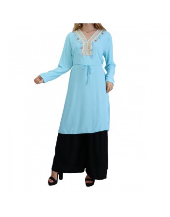 Tunique encolure brodée col V avec pompons (Vêtement femme) - Couleur Bleu ciel 
