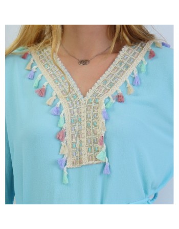 Tunique encolure brodée col V avec pompons (Vêtement femme) - Couleur Bleu ciel 