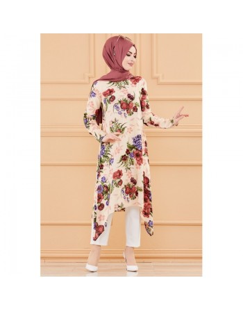 Tunique fleurie ample (Vêtement chic pour femme voilée - Nouveauté) - Couleur beige 