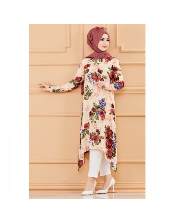 Tunique fleurie ample (Vêtement chic pour femme voilée - Nouveauté) - Couleur beige 